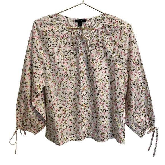 J.Crew Tie-Sleeve Button-Front Cotton Poplin Top In Meadow Floral Cotton Size S - Picture 1 of 8